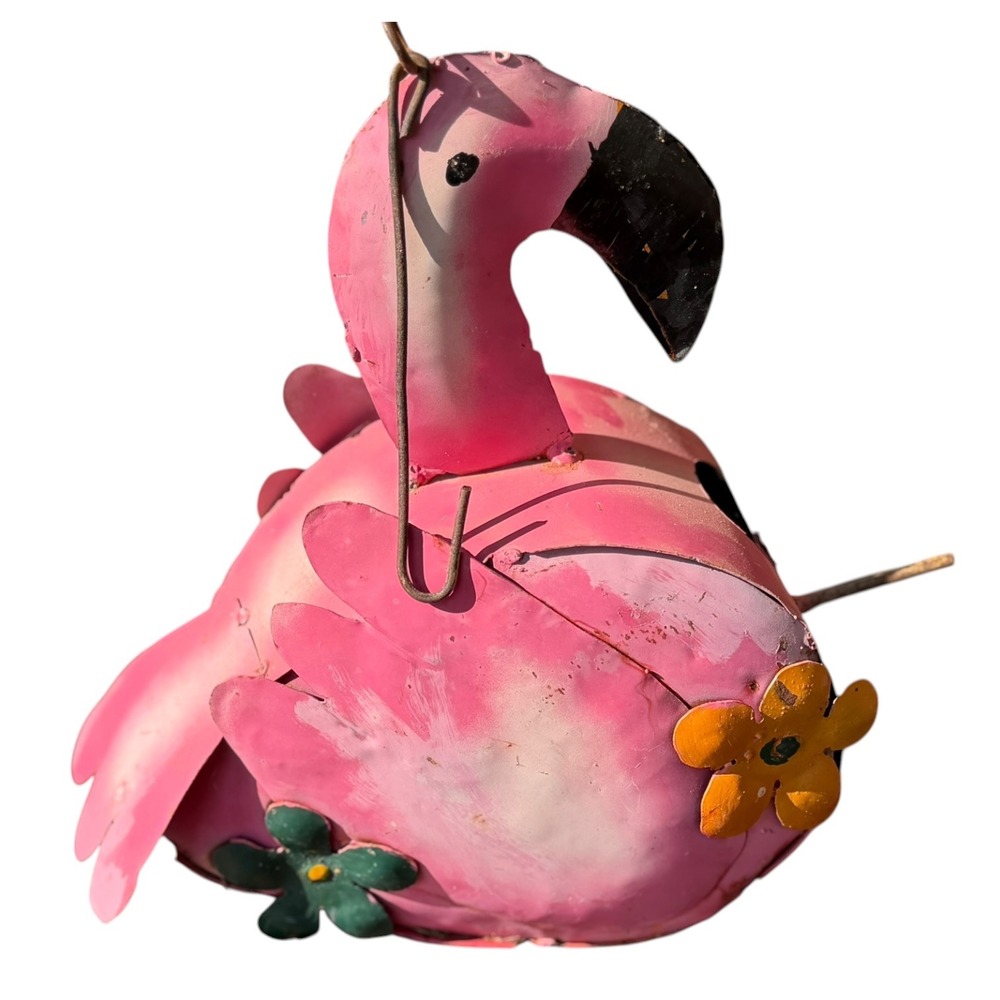 Pink Flamingo Metal Birdhouse Hanging Garden Decor Tropical Folk Art Outdoor